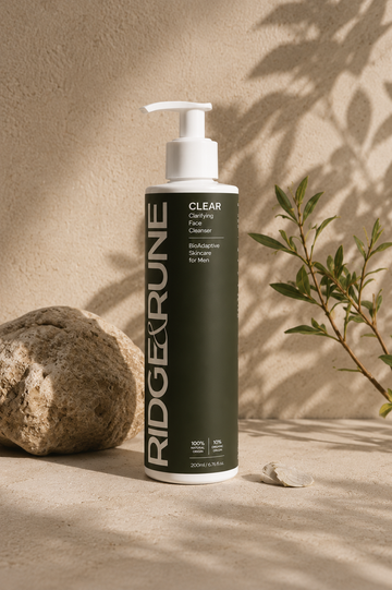 A bottle of Ridge & Rune Clear Face Cleanser for men, featuring a dark olive green label and white pump dispenser, styled on a sandy surface with a rock and olive branches under dappled sunlight.