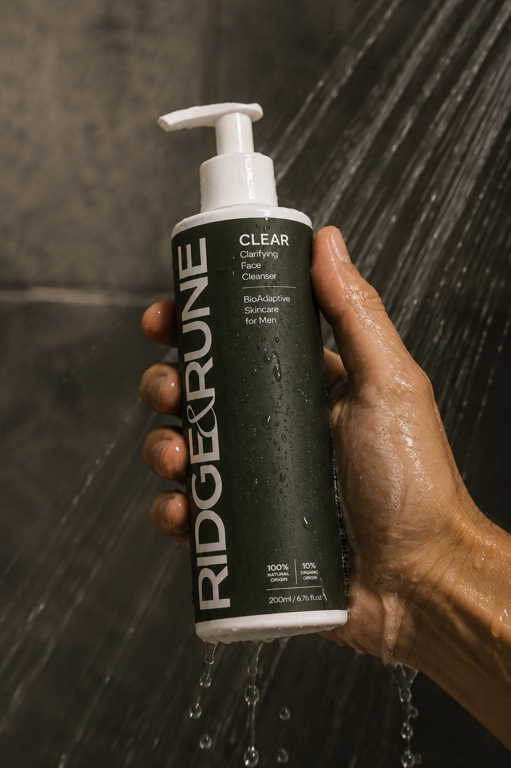 A hand holding a bottle of RIDGE & RUNE Clear Face Cleanser under running water in a shower setting.