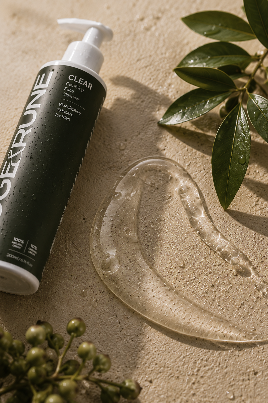 A pump bottle of Clear Skin Cleanser lies on a textured beige surface next to a translucent gel smear and green leaves.