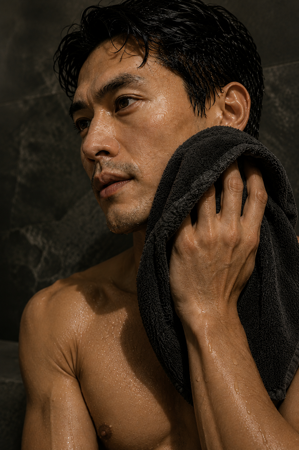 A close-up lifestyle shot of a shirtless man with wet skin holding a dark gray towel to his face, set against a dark textured background.