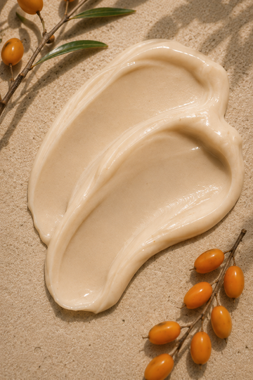 A thick, creamy off-white face moisturizer is swirled on a textured beige surface, styled with sea urchin berry branches showing small orange-yellow berries and green leaves.