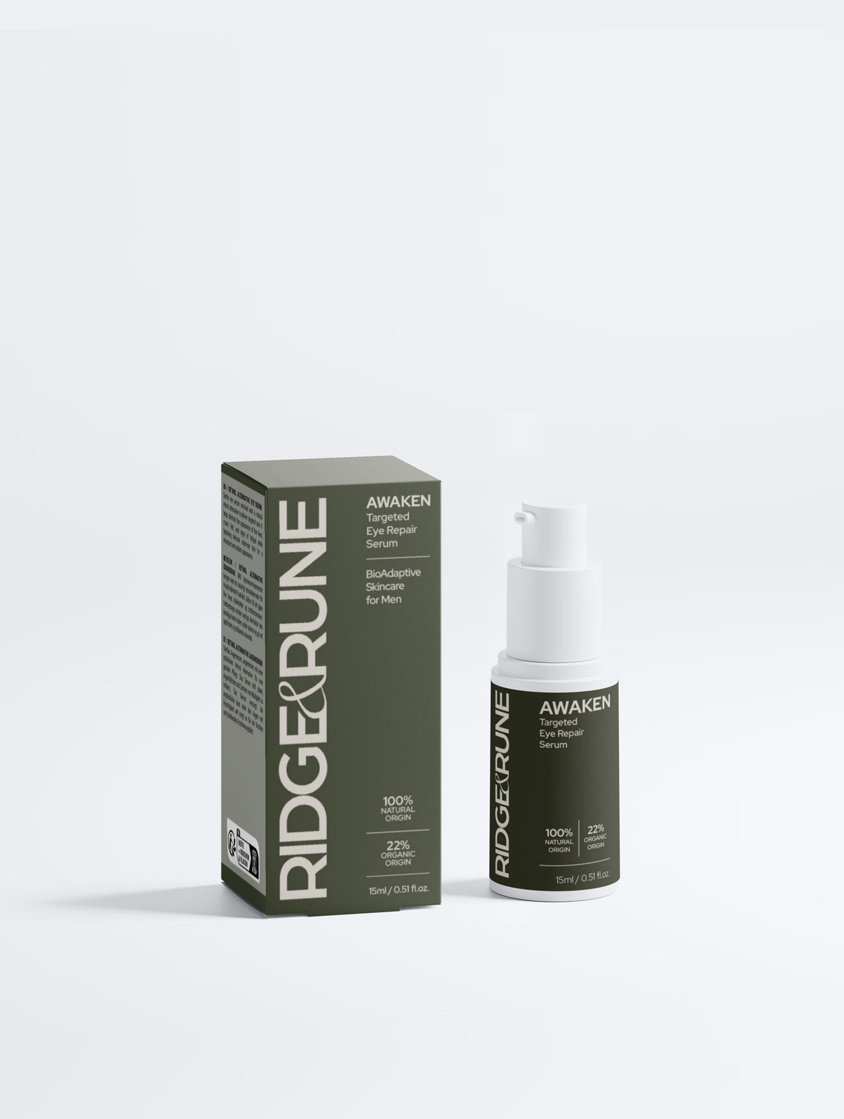 Retinol alternative eye serum packaging with black box and bottle on a white background